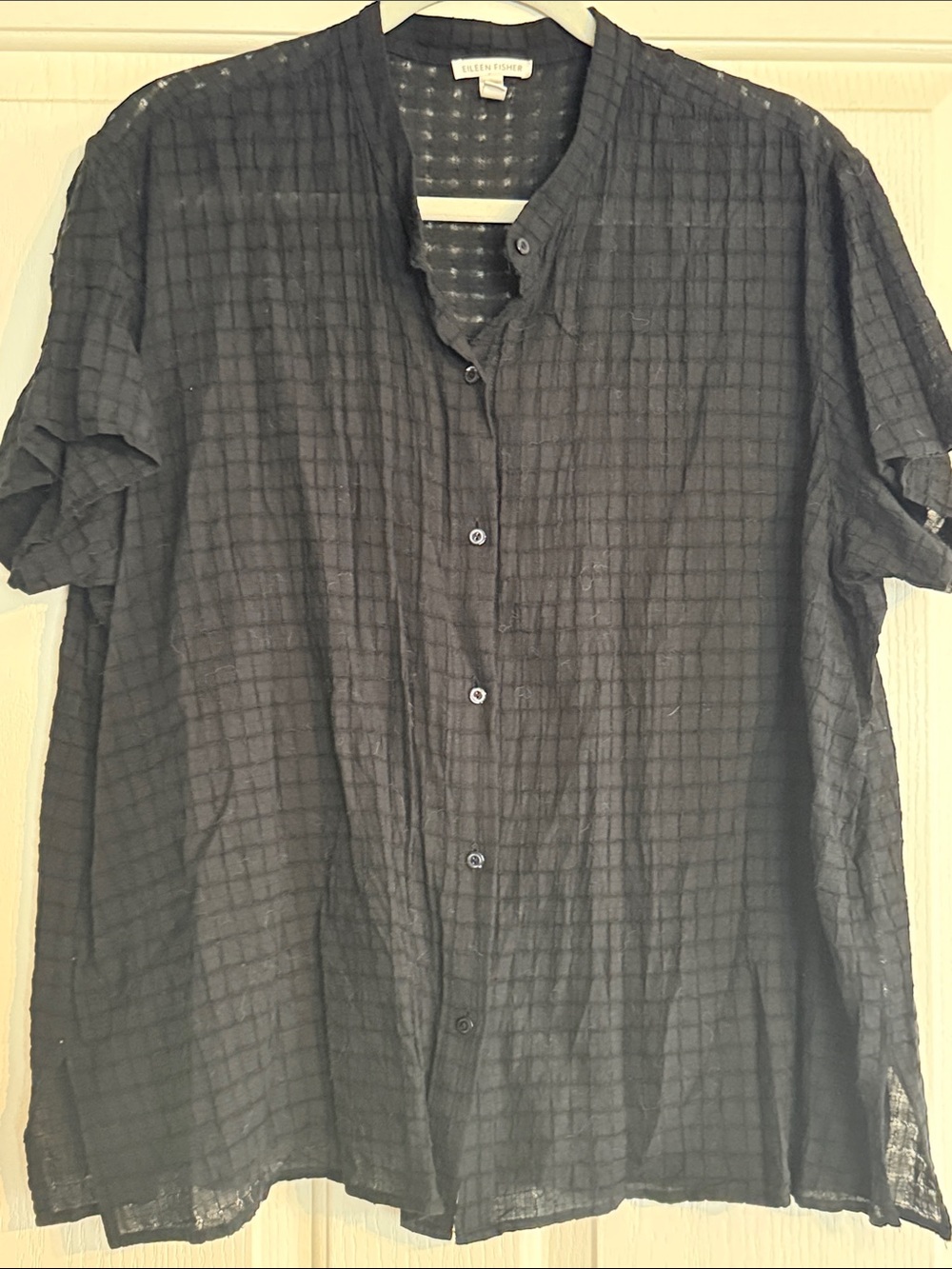 Eileen Fisher Black Textured Grid Short-Sleeve Button-Up Shirt